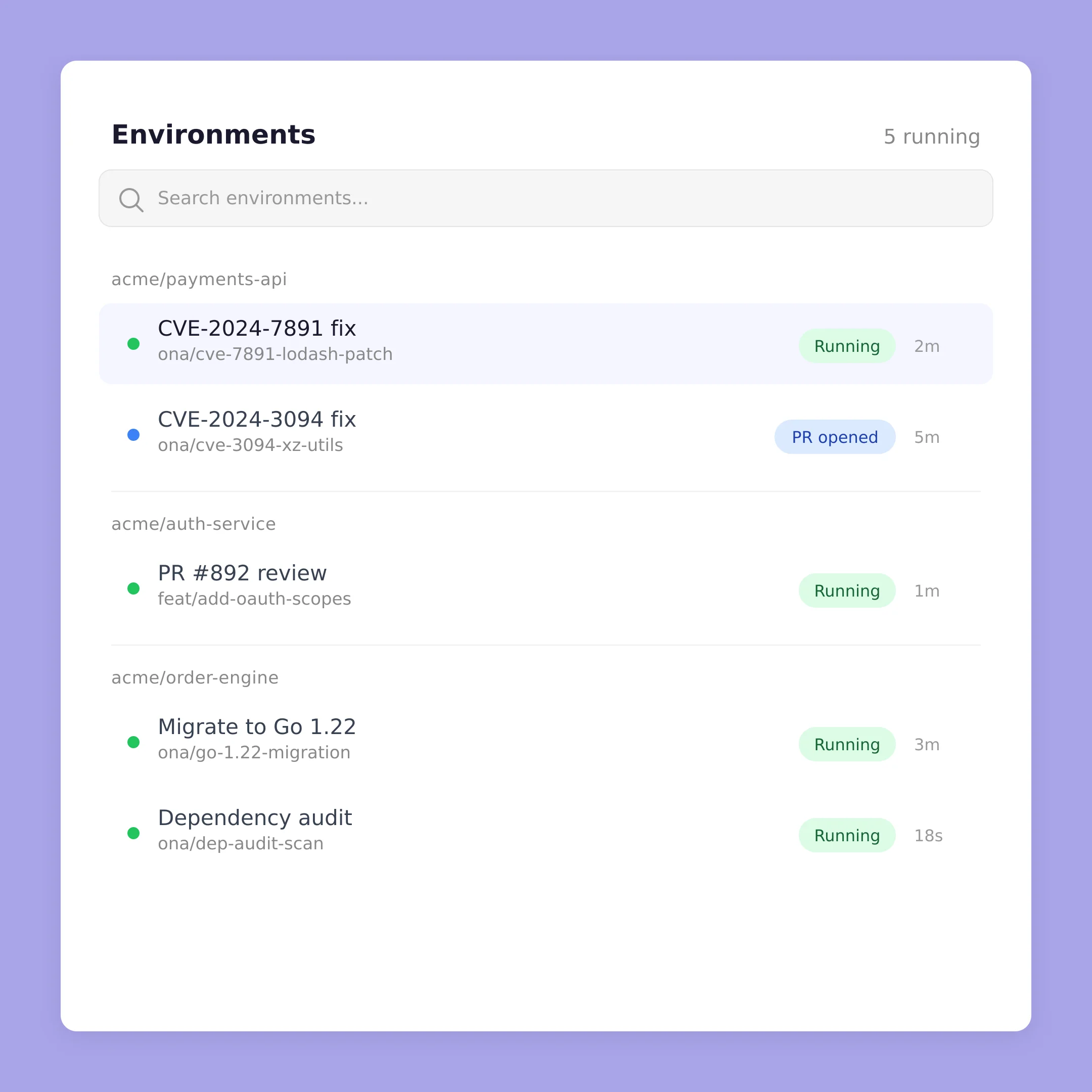 Agent fleet environments running in parallel across repos