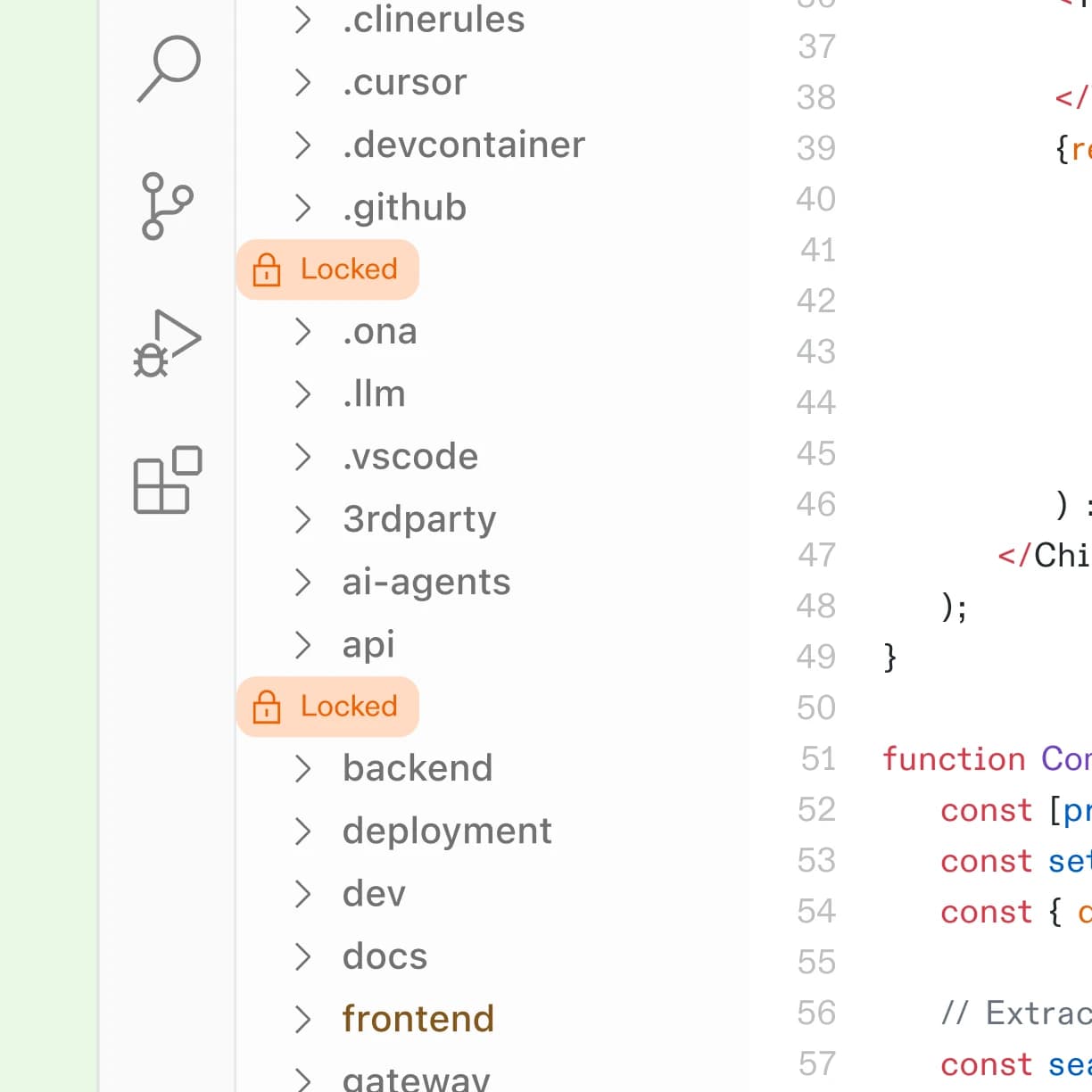 File system view showing locked folders preventing agent access to credentials and config files