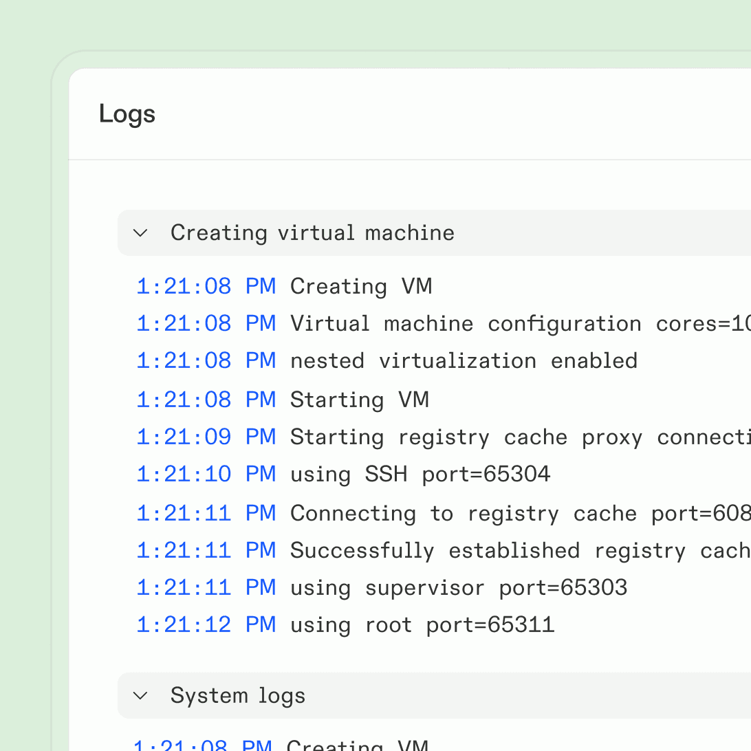 Environment logs showing detailed audit trail of VM creation and system events